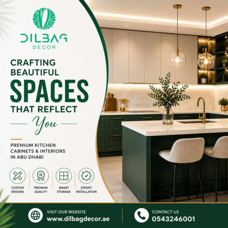 Modern kitchen cabinets in Abu Dhabi by Dilbag Decor featuring premium custom cabinetry and stylish contemporary interiors.